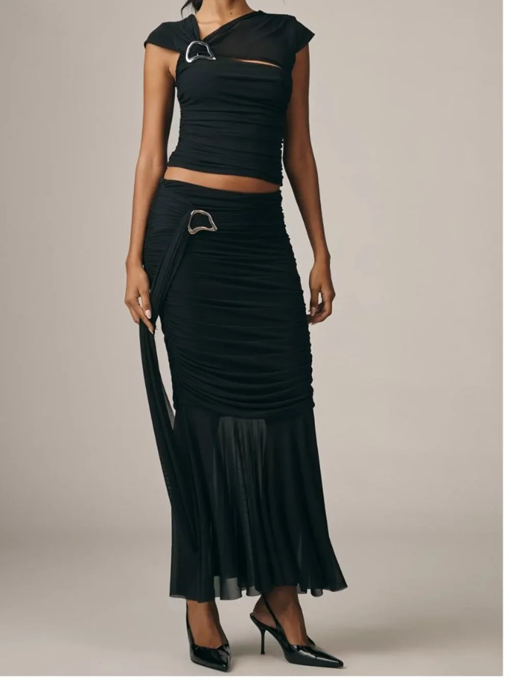 By Anthropologie Ruched Sash Mermaid Maxi Long Peekaboo Skirt Black S